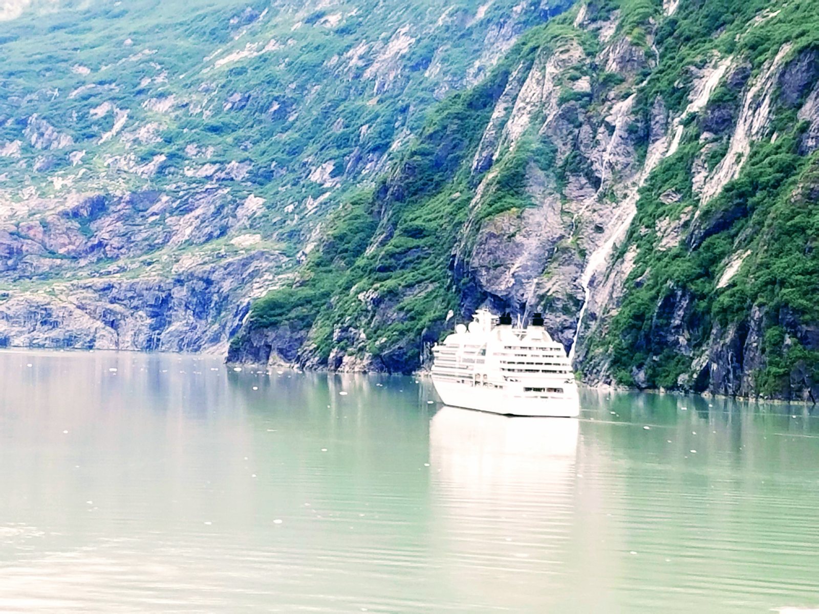 Another cruise ship far up Tracy Arm Fjord, dwarfed by the granite walls on either side